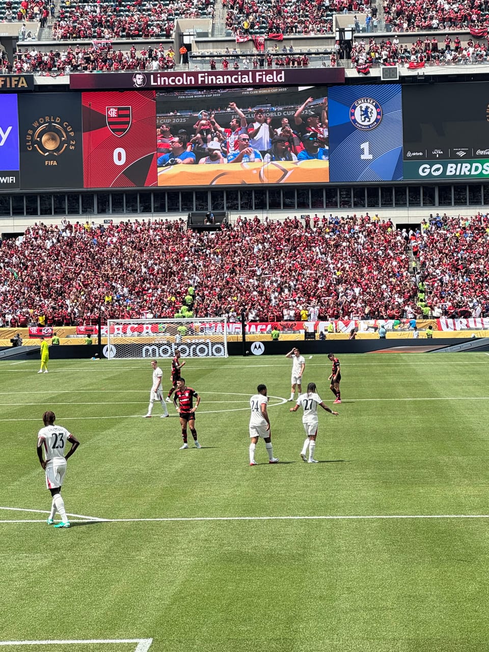Lincoln Financial Field with the scoreboard showing Flamengo 0, Chelsea 1